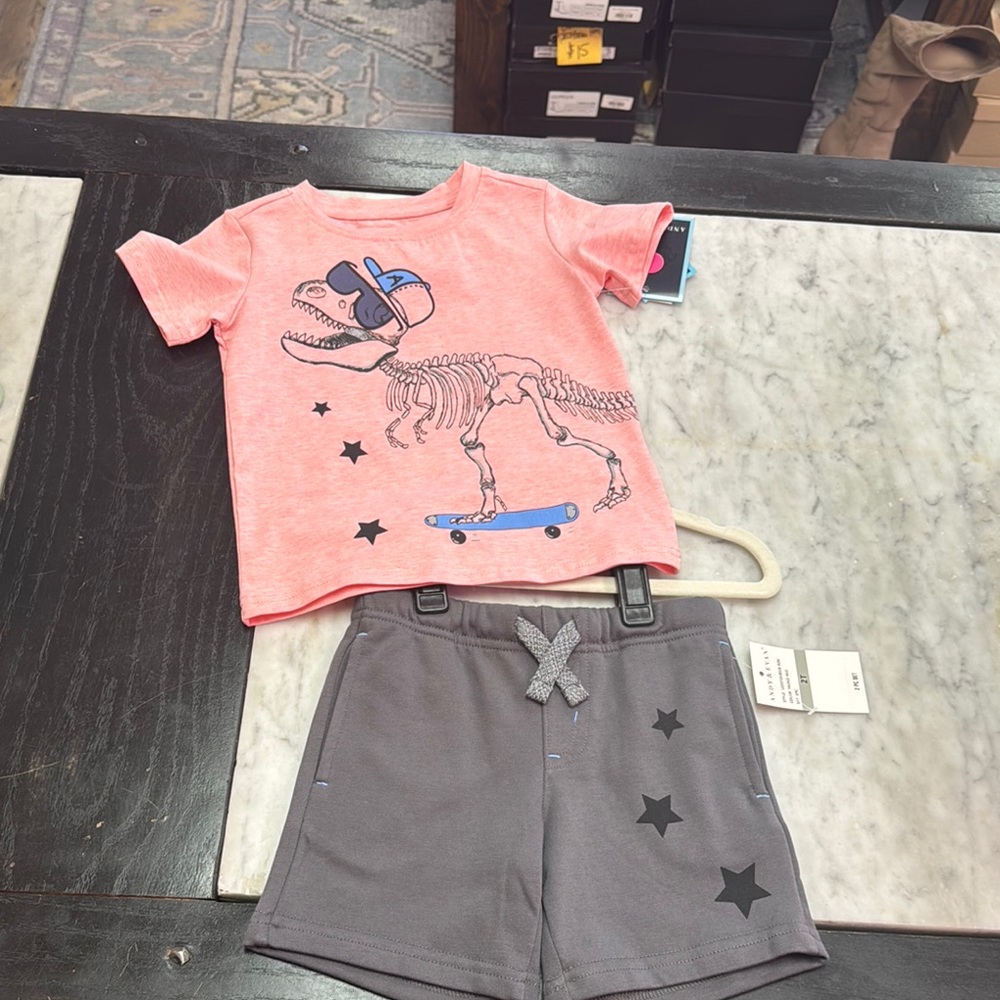 Andy & Evan Coral Tee and Charcoal Shorts Set
